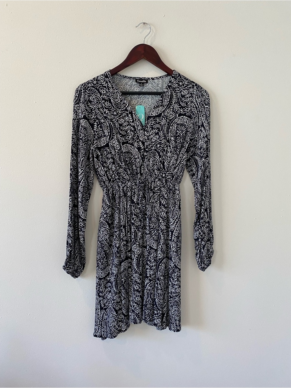 New Camellia Dress Small Paisley Print Black White Elastic Waist Tie 3 Buttons